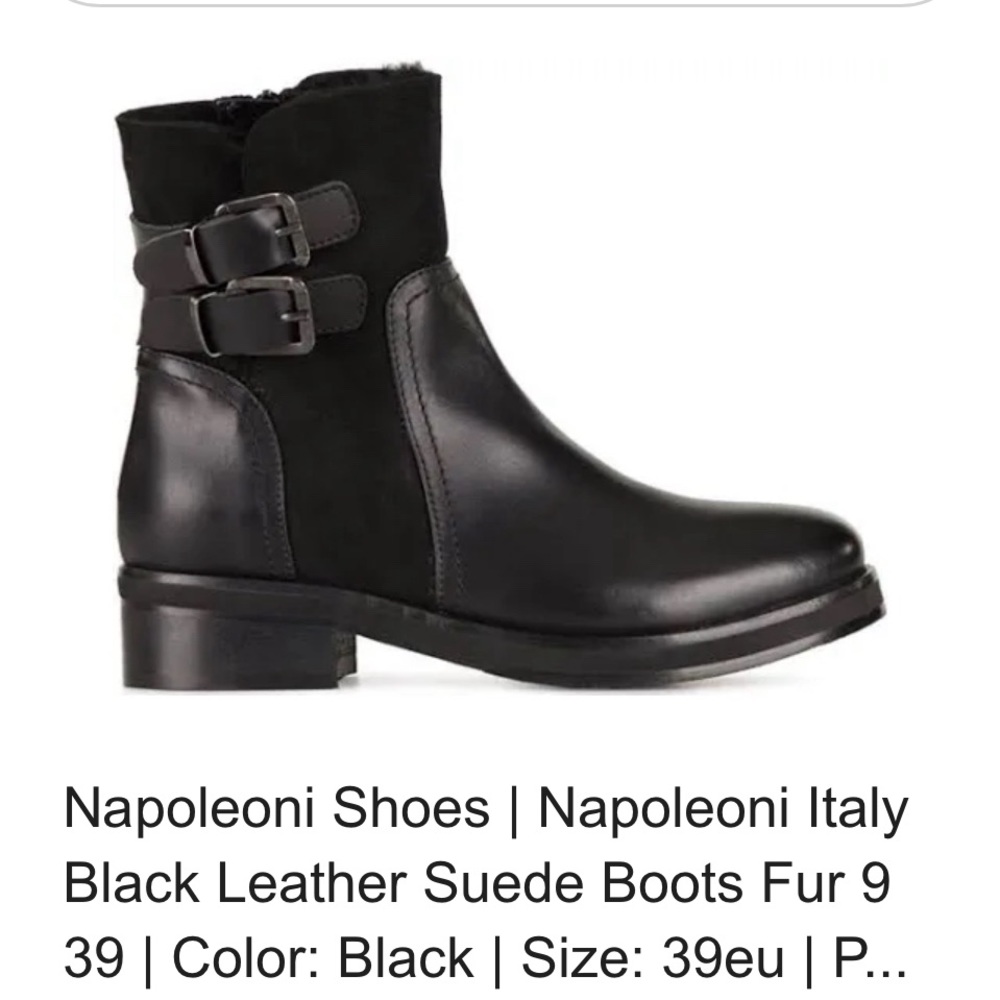Napoleoni Black Leather Suede Ankle Boots Shearling Fur Sz 39 EU 9 US Italy